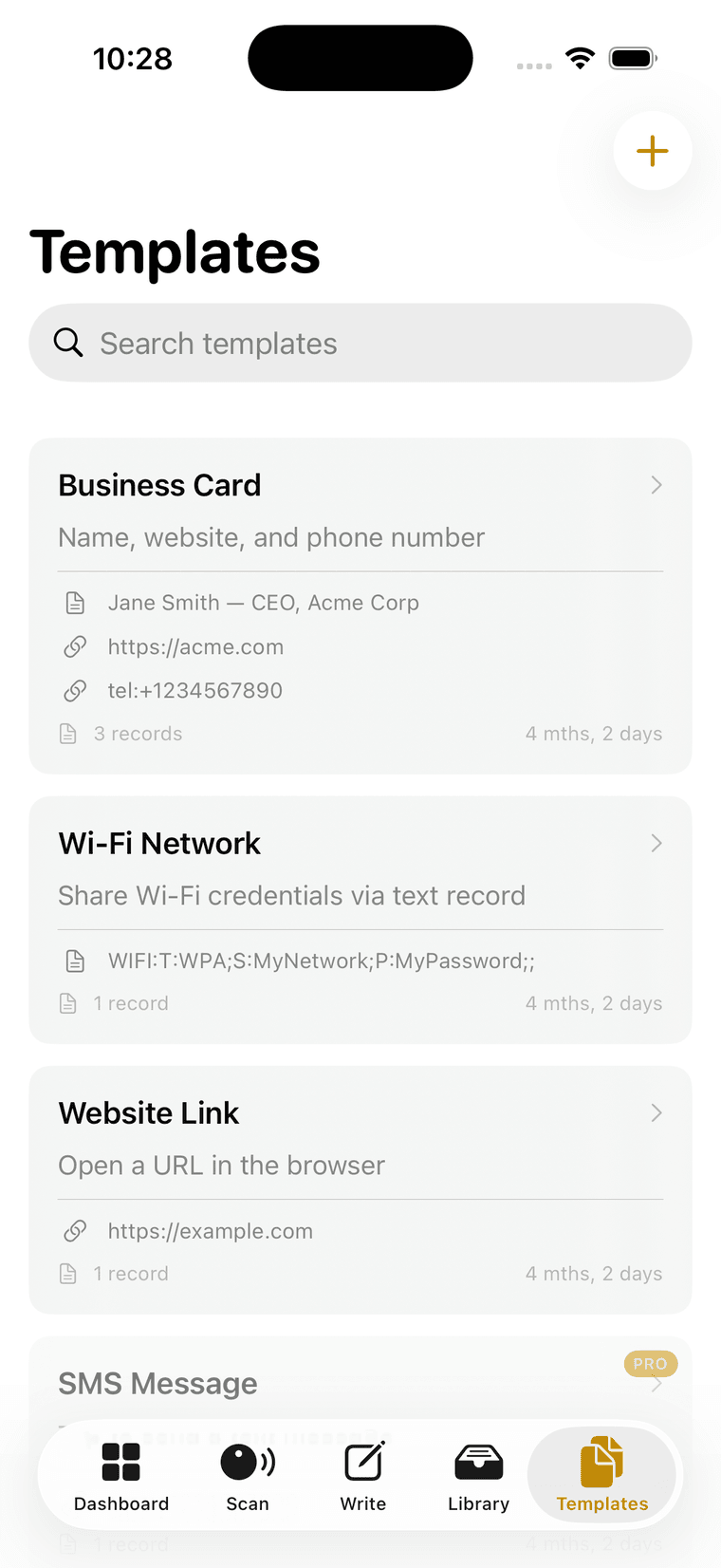 O ecrã Modelos: payloads reutilizáveis para um cartão de visita, uma rede Wi-Fi e uma ligação de site, cada um visualizando os seus registos.
